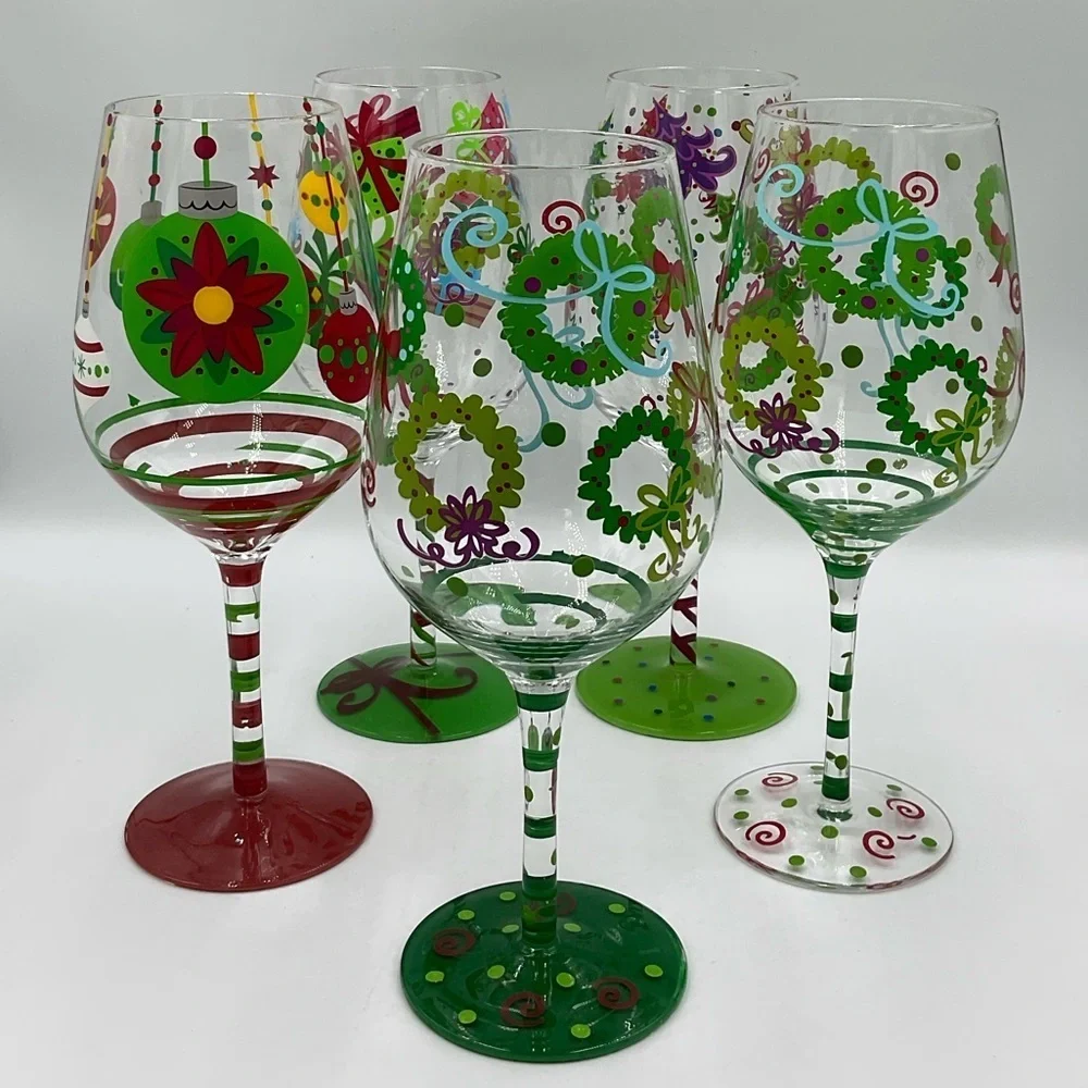 5 Raise The Bar Large 10” Hand Painted Wine Glasses with Christmas Designs